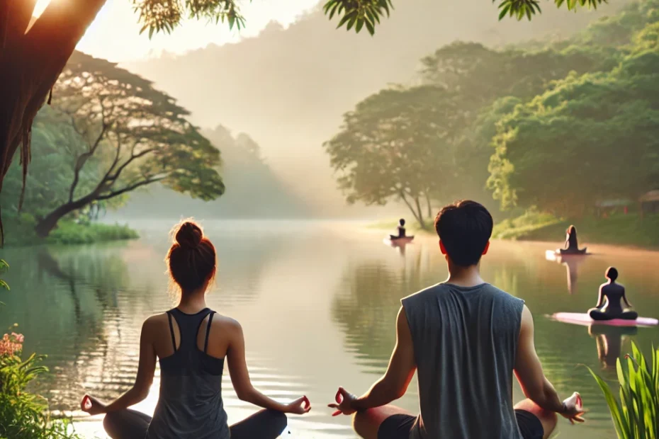 peaceful yoga scene with both a man and a woman!