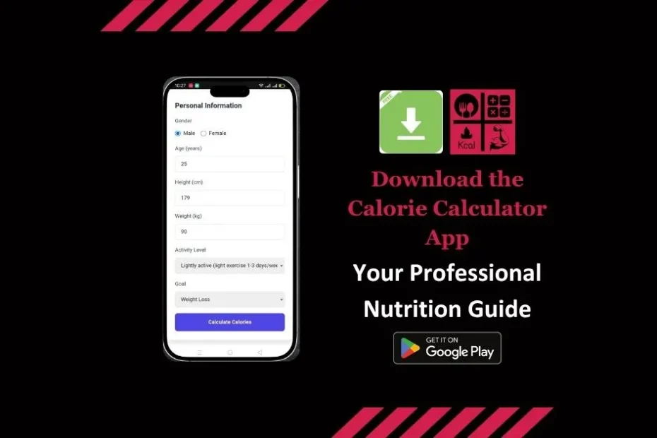 Calorie Calculator App interface showing personal information form for accurate calorie calculation on Android.