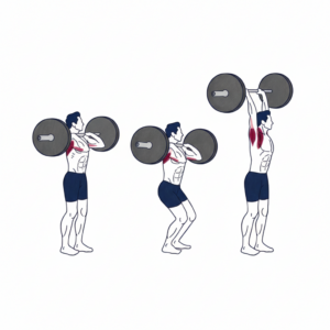 Barbell Push Press proper form showing shallow dip, explosive leg drive, and strong overhead lockout