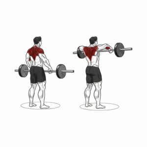 Barbell Upright Row proper form showing elbows leading upward, bar close to the body, and controlled shoulder-height pull