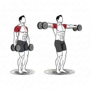 Dumbbell Lateral Raise proper form showing arms lifted to shoulder height, elbows leading, and controlled movement
