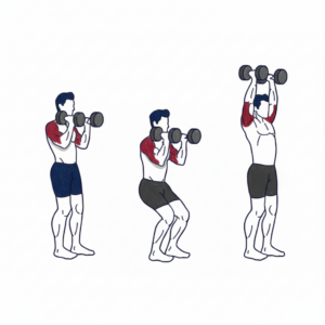 Dumbbell Push Press proper form showing knee dip, explosive leg drive, and strong overhead lockout