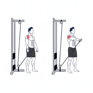 Single-arm cable front raise proper form showing controlled lift to shoulder height with constant cable tension