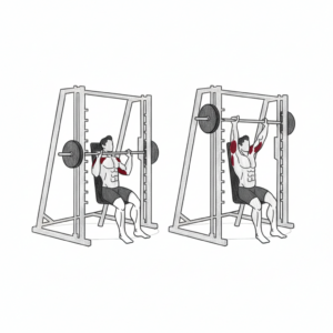 Smith Machine Shoulder Press proper form showing guided bar path, upright torso, and controlled overhead press