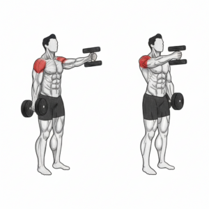 Alternate dumbbell front raise neutral grip proper form showing controlled lift with palms facing inward