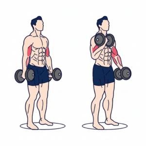 Alternating dumbbell curl proper form showing controlled single-arm curl with elbow close to torso