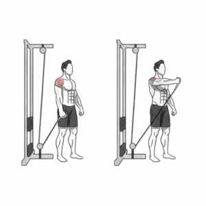 One-arm low-pulley front raise neutral grip proper form showing controlled lift with constant cable tension