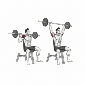 Sit upright and hold barbell at upper chest. Brace core and press bar straight overhead. Lock out arms fully, then lower under control.