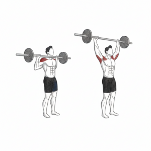 Standing barbell shoulder press proper form showing vertical bar path and strong overhead lockout