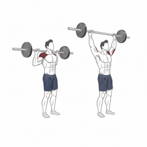 Standing behind the neck barbell shoulder press proper form showing upright posture and controlled vertical press